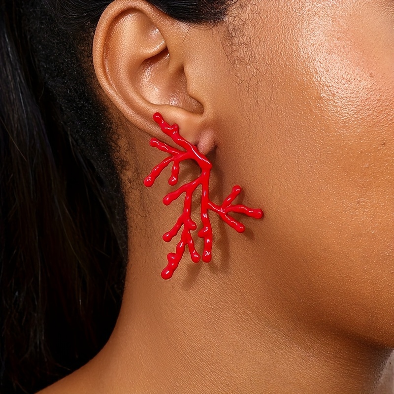 Red Coral Branch Stud Earrings for Casual Attire & Gifting